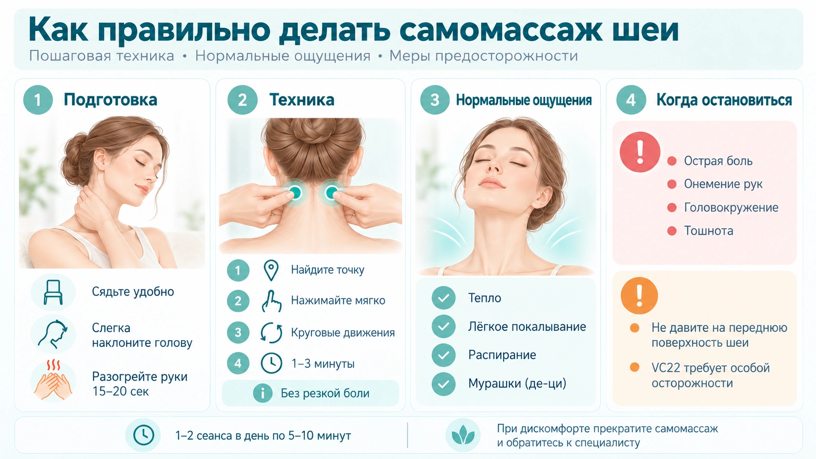Как правильно делать самомассаж шеи: подготовка, техника надавливания на точки, нормальные ощущения, стоп-сигналы и меры предосторожности.