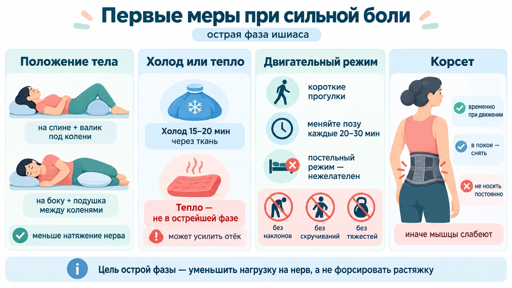 chto-delat-v-ostroy-faze-pri-ishiase.webp Положение тела, холодный компресс, щадящий двигательный режим и поясничный корсет в первые часы и сутки при острой боли по ходу седалищного нерва.
