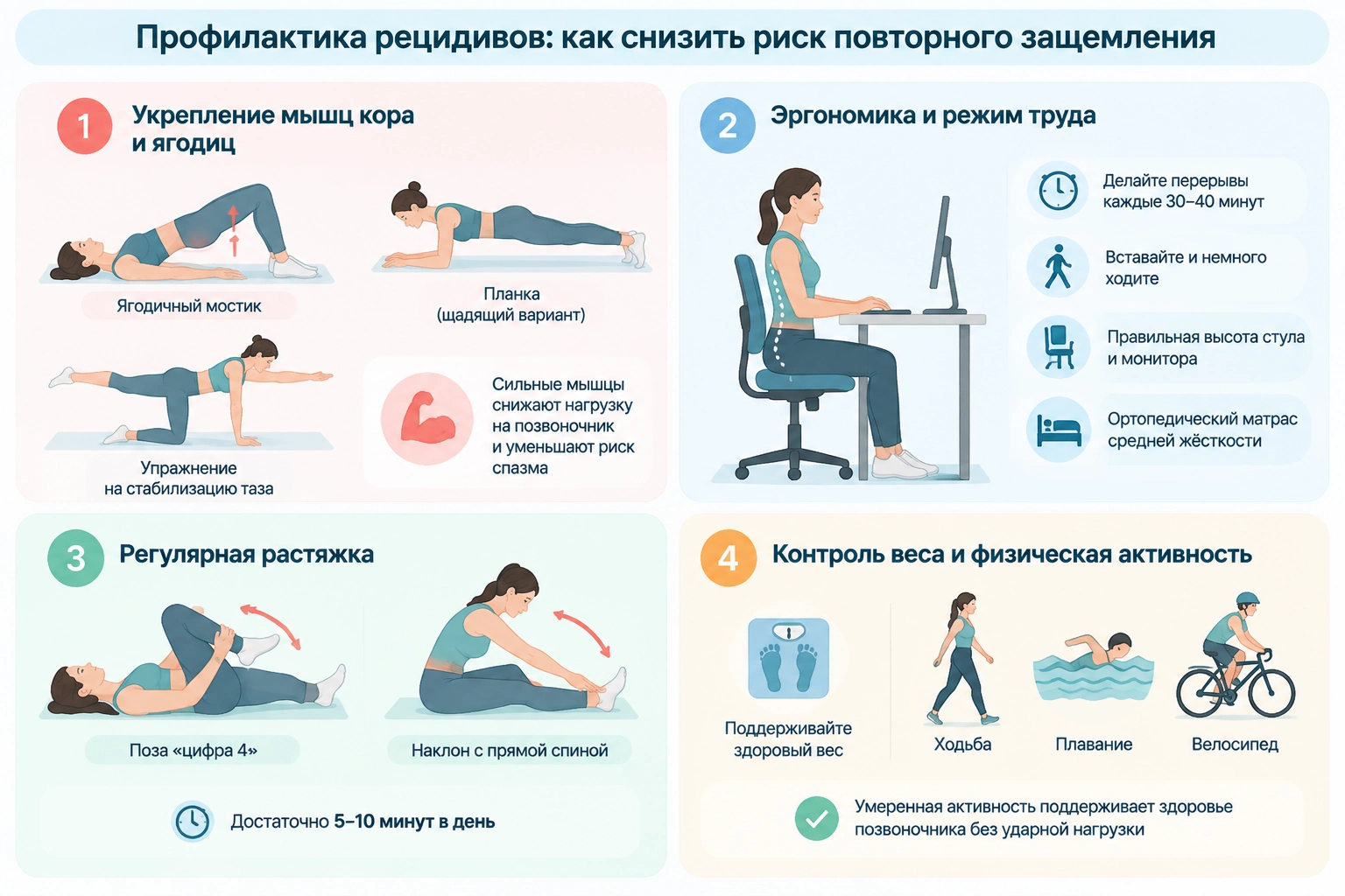 Профилактика повторного защемления седалищного нерва: укрепление мышц кора и ягодиц, правильная эргономика рабочего места, регулярная растяжка и умеренная физическая активность.