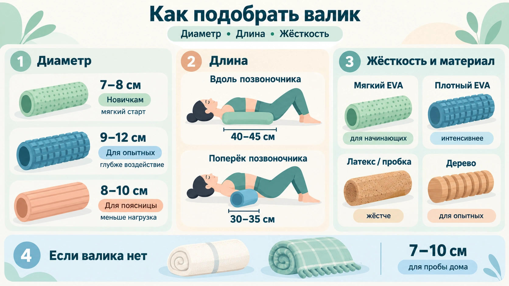 Подбор валика для спины по диаметру, длине и жёсткости, включая варианты для новичков, опытных пользователей и поясничного отдела.