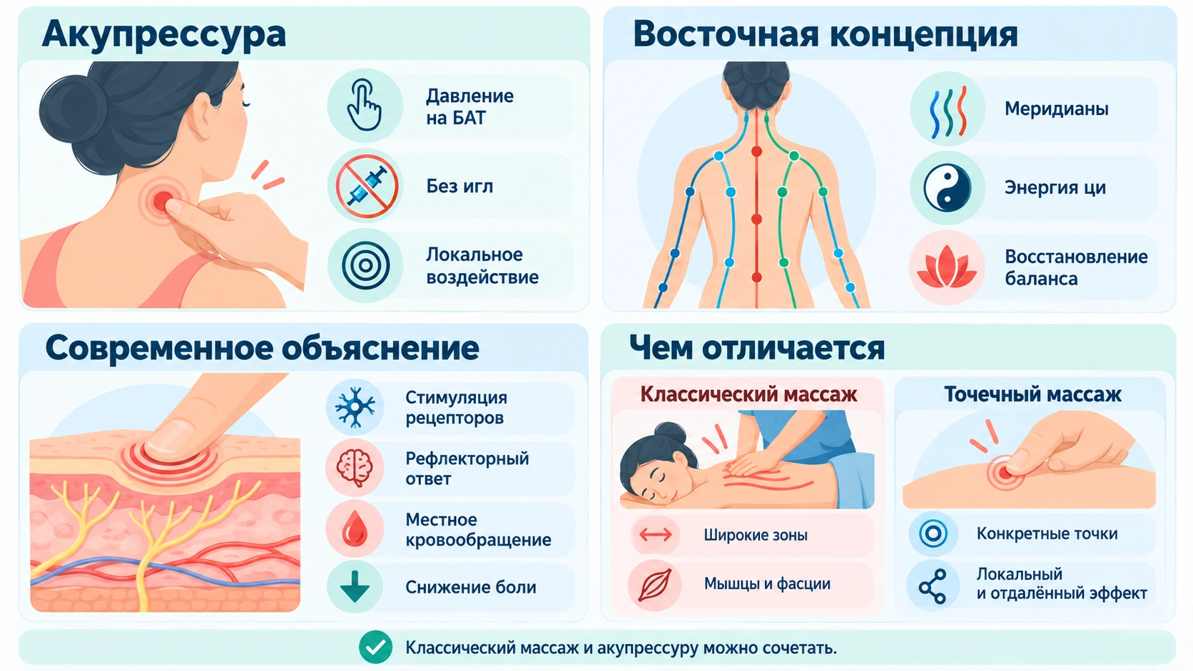 Воздействие на биологически активные точки при акупрессуре, отличие точечного массажа от классического и основные принципы работы метода.