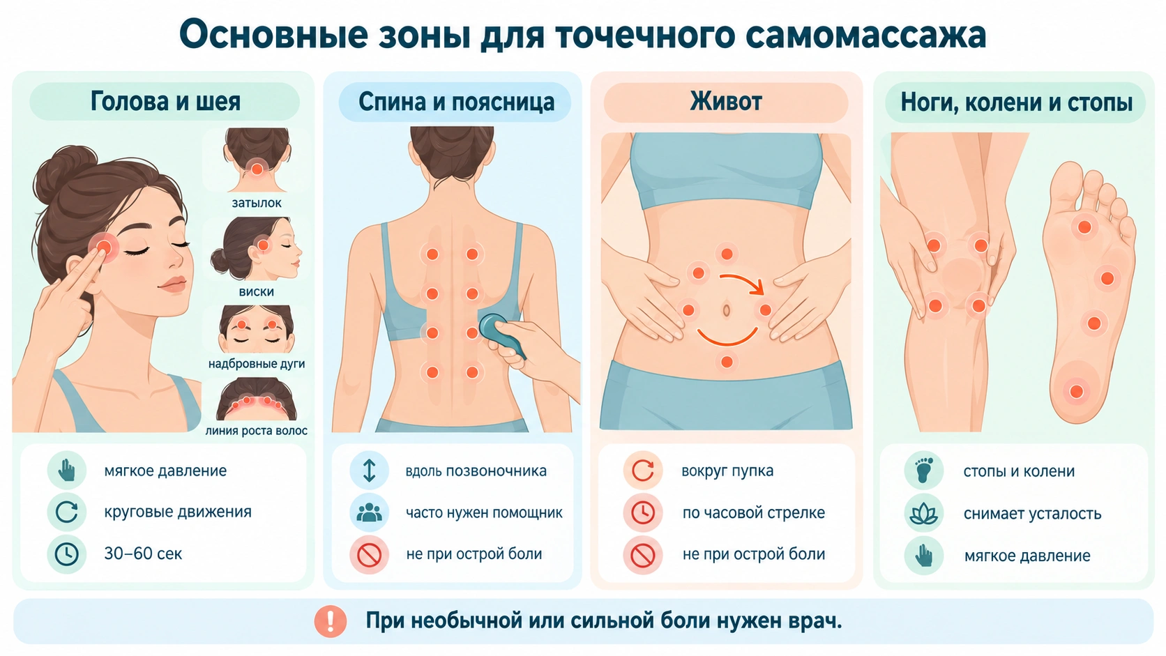 tochechnyy-massazh-po-zonam-tela.webp Основные зоны для точечного самомассажа: голова и шея, спина и поясница, живот, ноги, колени и стопы.