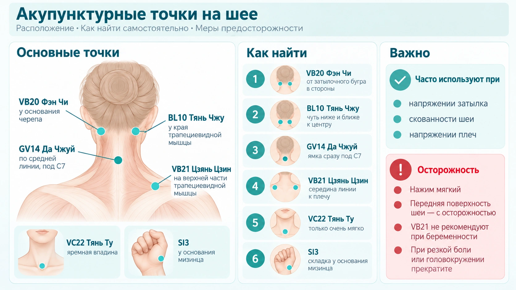 Схема расположения акупунктурных точек на шее VB20, BL10, GV14, VB21, VC22 и SI3 с ориентирами для самостоятельного поиска.