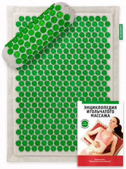 Аппликатор Кузнецова. Комплект медицинских массажеров "Тибетский аппликатор" коврик на мягкой подложке, 41х60 см + мягкий валик универсальный, зеленый (менее острые иглы). Цвет ткани - натуральный лён